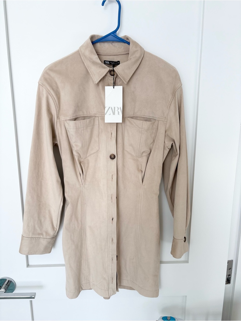 NWT Zara Faux Suede Shirt Dress Shacket Beige Button Front Long Sleeve Pockets-M